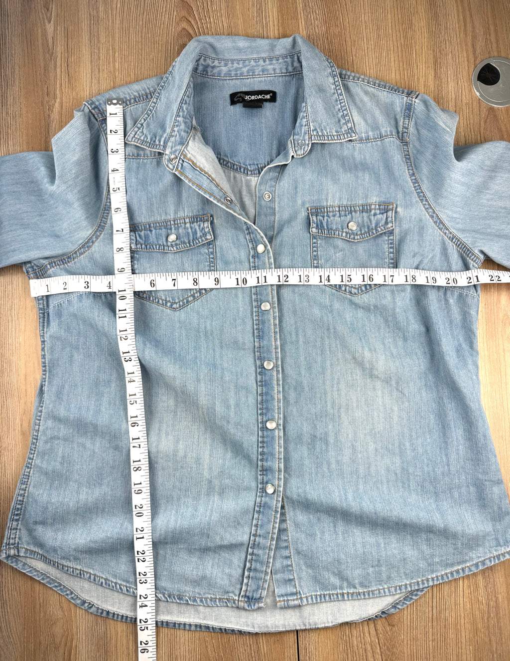 Jordache Denim Shirt with Patchwork Quilt Flower Back at Blue Sparrow Shop measuring 42" bust and 24" shoulder to hem 