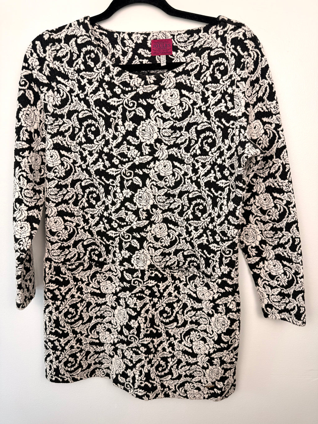 Joules Black & Cream Floral Jacquard Tunic Dress | Size 8 on hanger