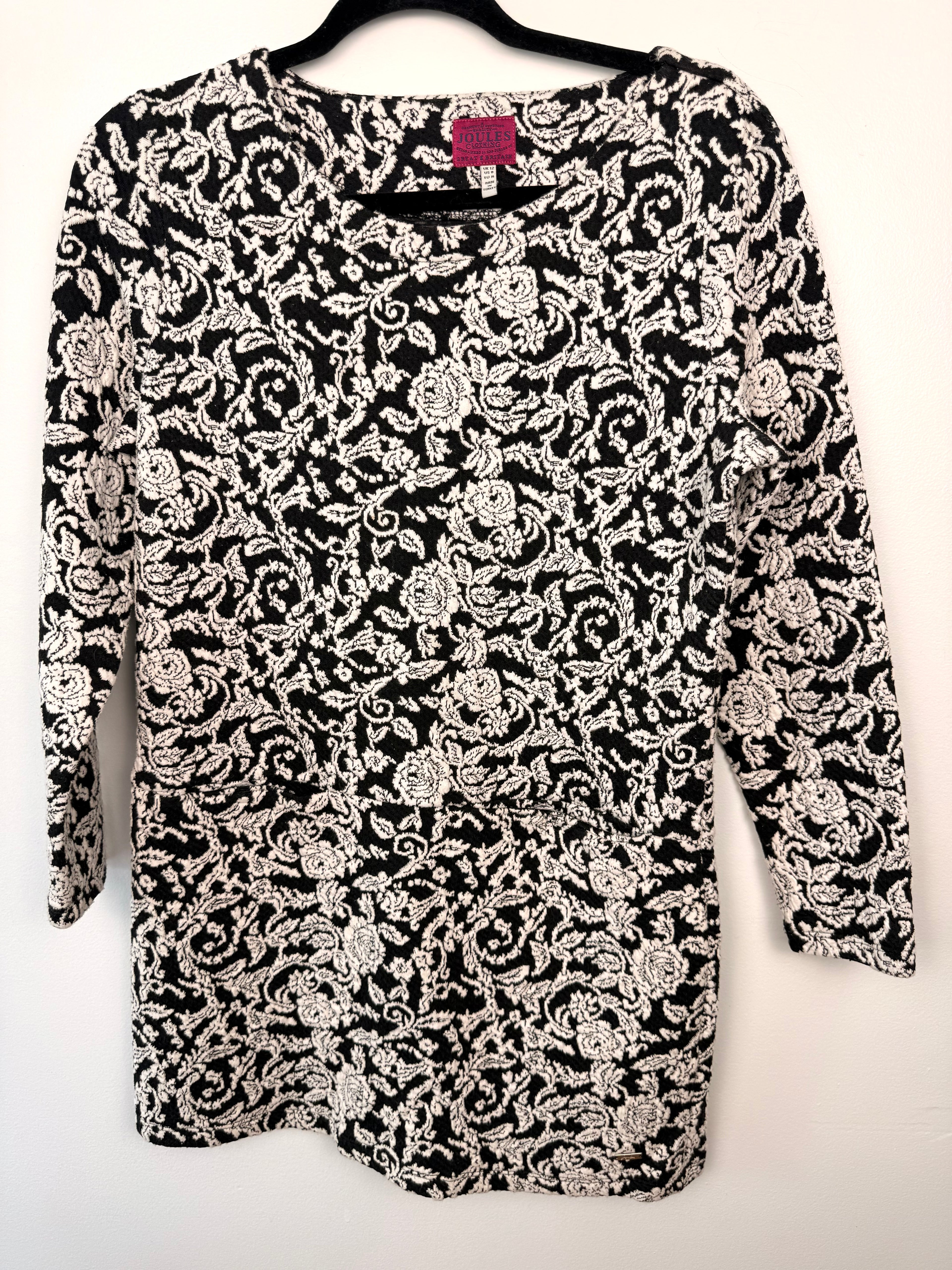 Joules Black & Cream Floral Jacquard Tunic Dress | Size 8 on hanger