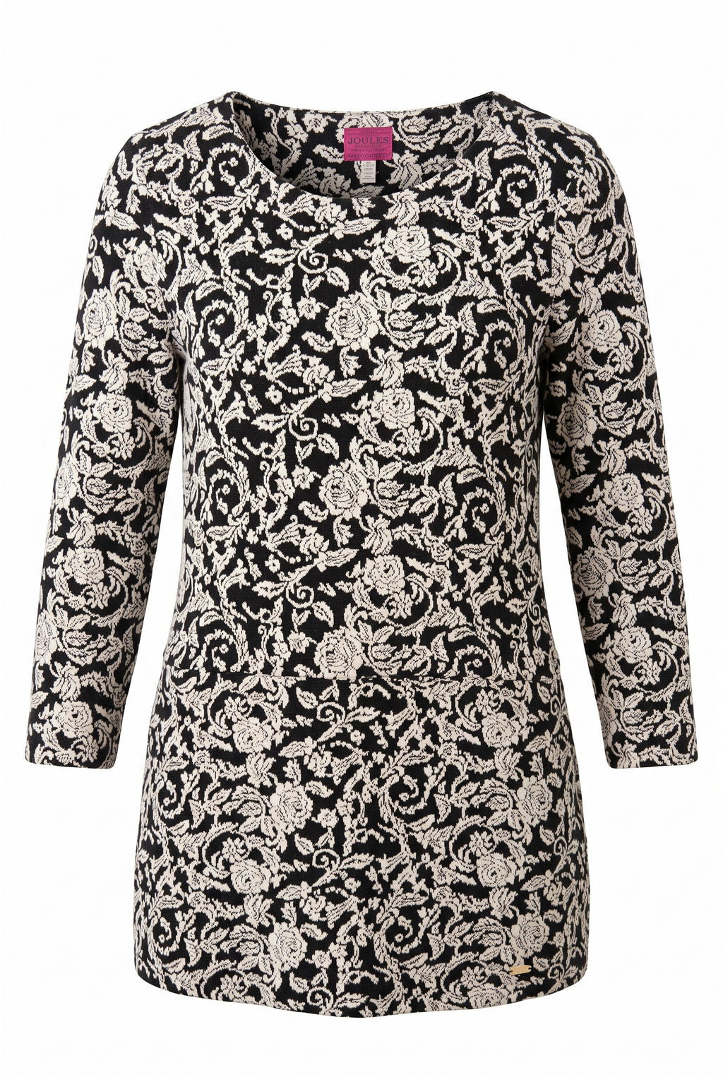 Joules Black & Cream Floral Jacquard Tunic Dress | Size 8 on white background