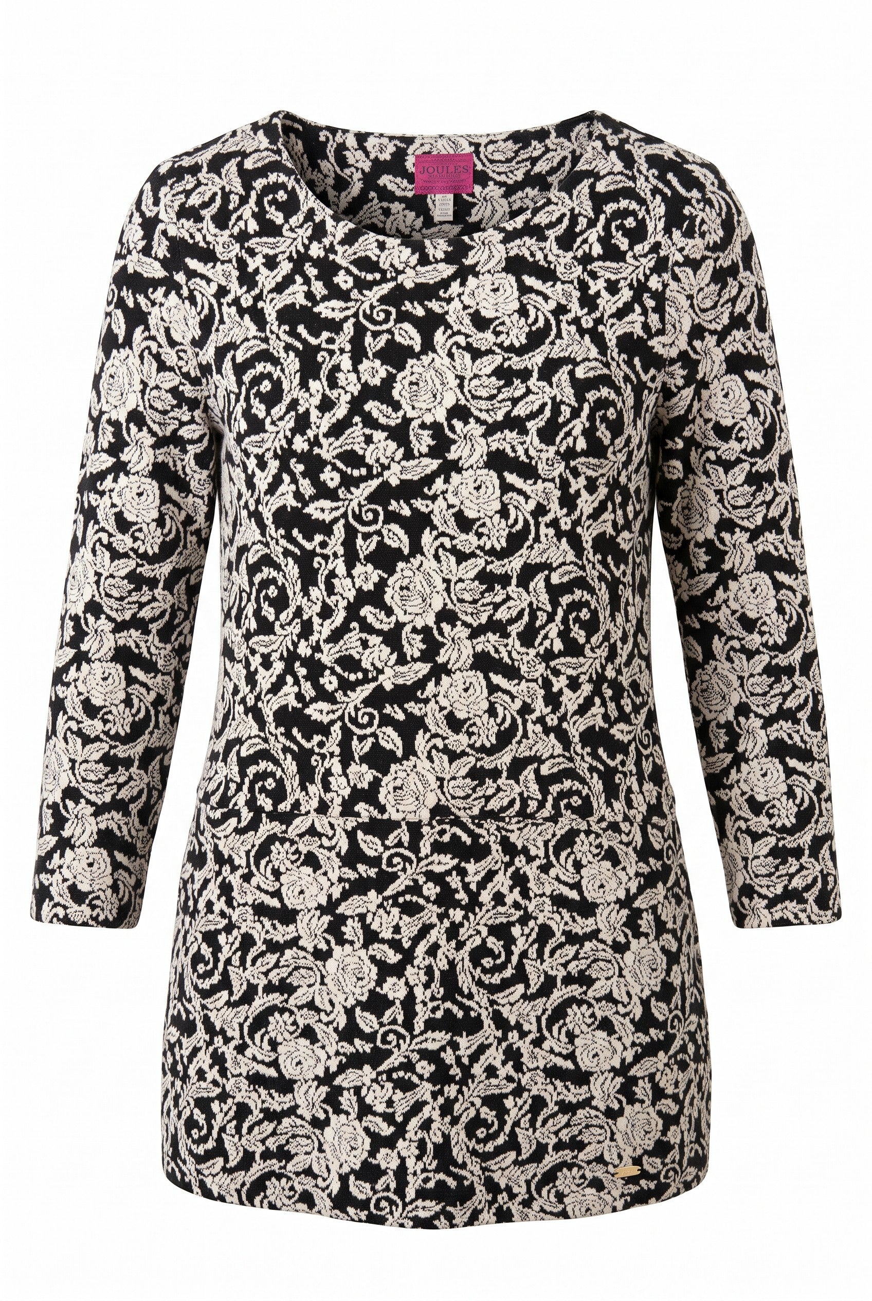 Joules Black & Cream Floral Jacquard Tunic Dress | Size 8 on white background
