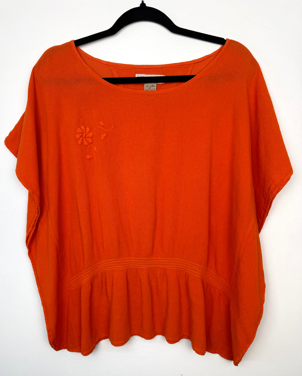 Juanita Banana artisan-made Mexican 100% cotton burnt orange batwing peplum top front view size M — Blue Sparrow pre-loved women's fashion