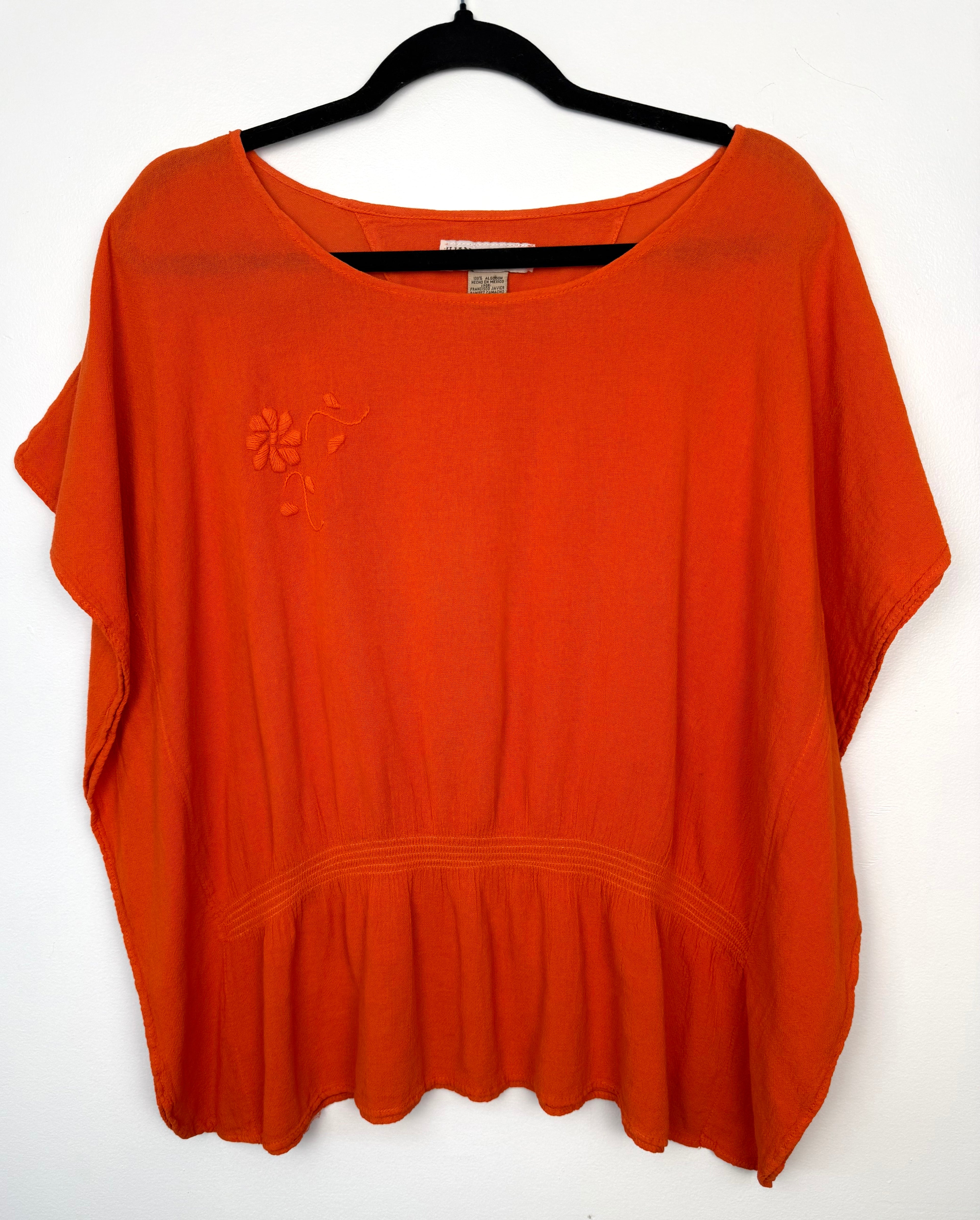 Juanita Banana artisan-made Mexican 100% cotton burnt orange batwing peplum top front view size M — Blue Sparrow pre-loved women's fashion