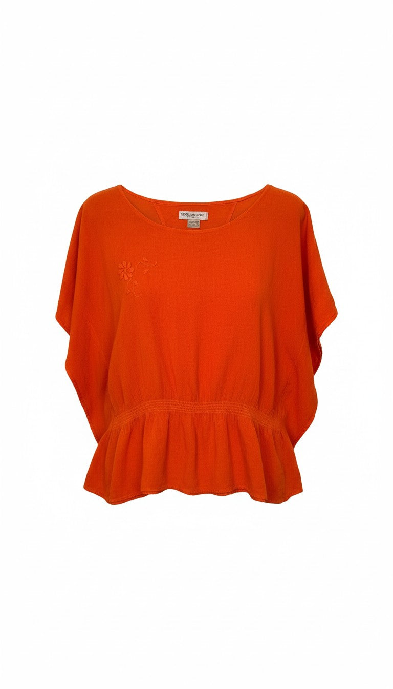 Juanita Banana artisan-made Mexican 100% cotton burnt orange batwing peplum top size M — Blue Sparrow pre-loved women's fashion main image