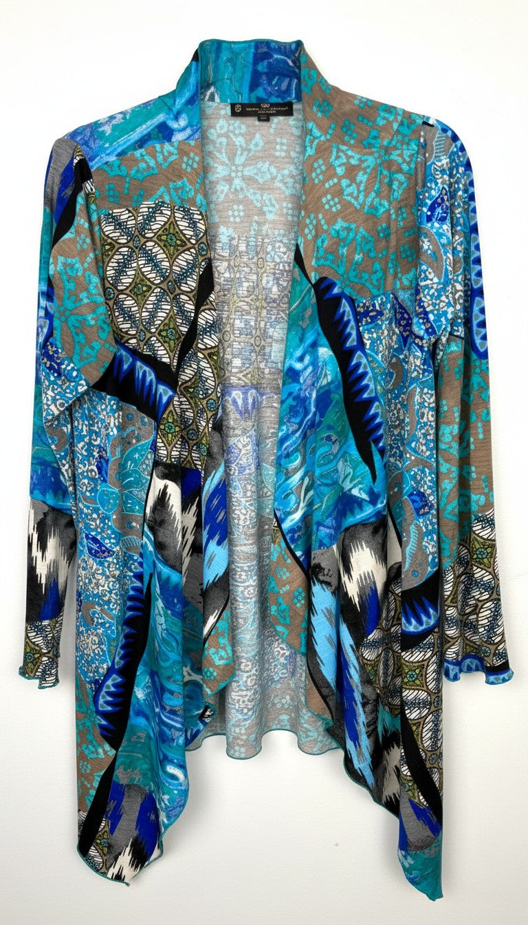 Judy Pannou Designs — Canadian Artisan Multi-Print Open Cardigan, Ashton ON  at Blue Sparrow Shop Canadian Resale Reimagined 