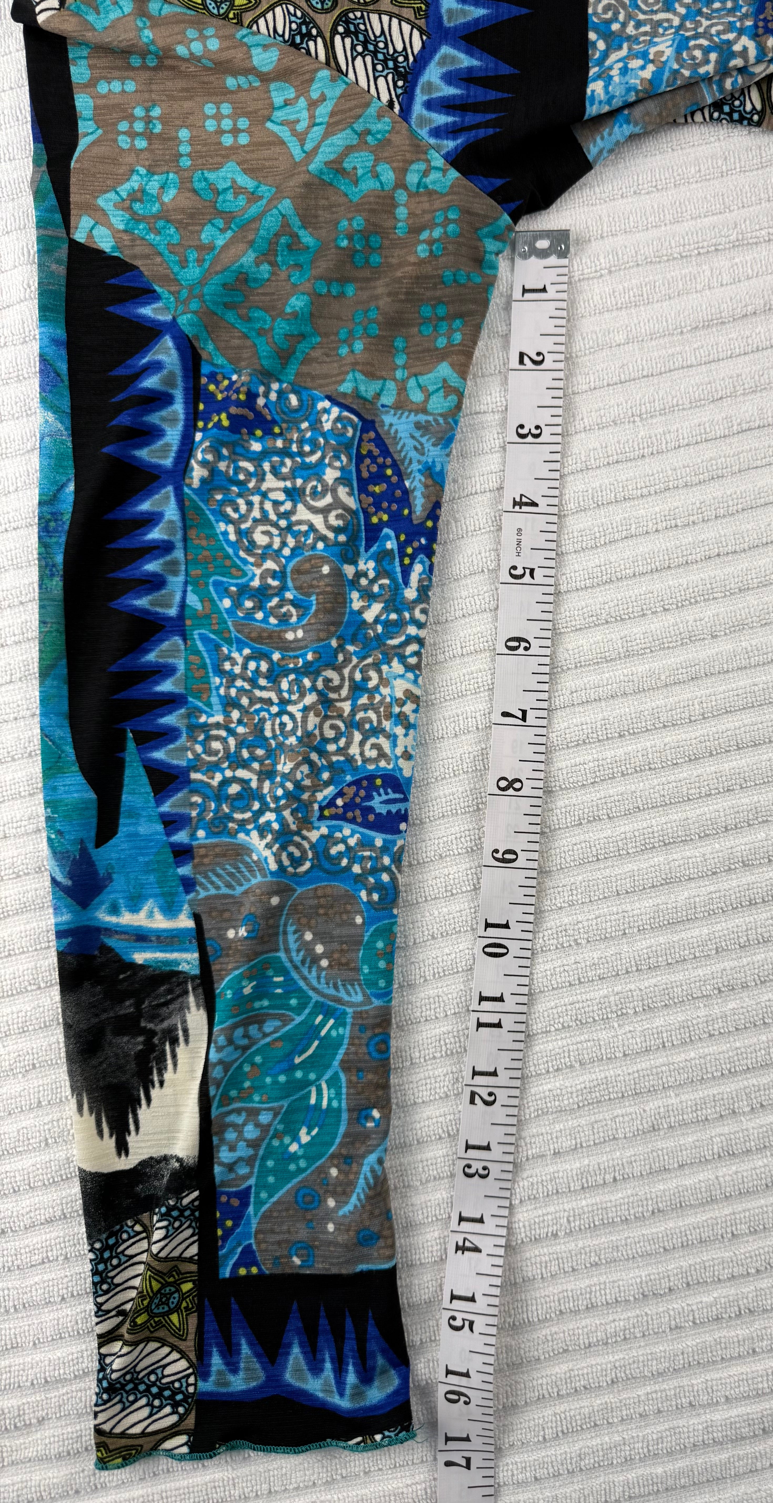 Judy Pannou Designs — Canadian Artisan Multi-Print Open Cardigan, Ashton ON  at Blue Sparrow Shop Canadian Resale Reimagined  measuring 17" sleeve 