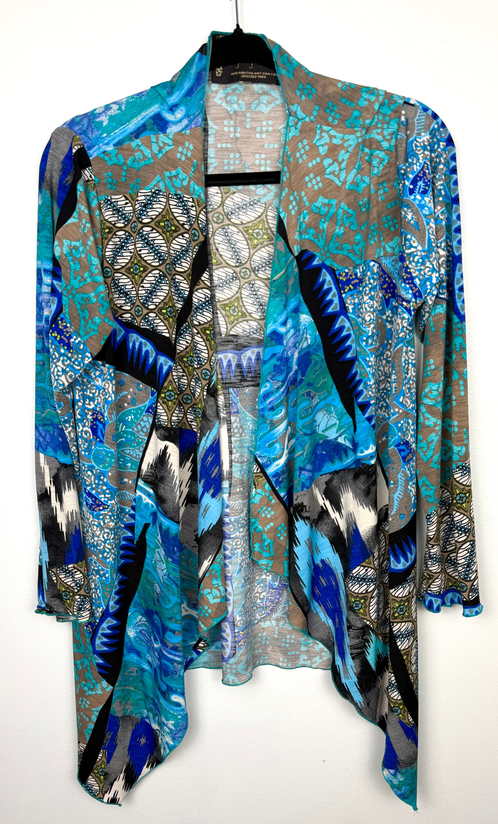 Judy Pannou Designs — Canadian Artisan Multi-Print Open Cardigan, Ashton ON  at Blue Sparrow Shop Canadian Resale Reimagined  on hanger