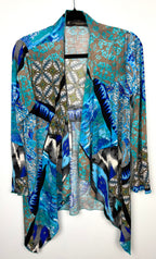 Judy Pannou Designs — Canadian Artisan Multi-Print Open Cardigan, Ashton ON  at Blue Sparrow Shop Canadian Resale Reimagined  on hanger