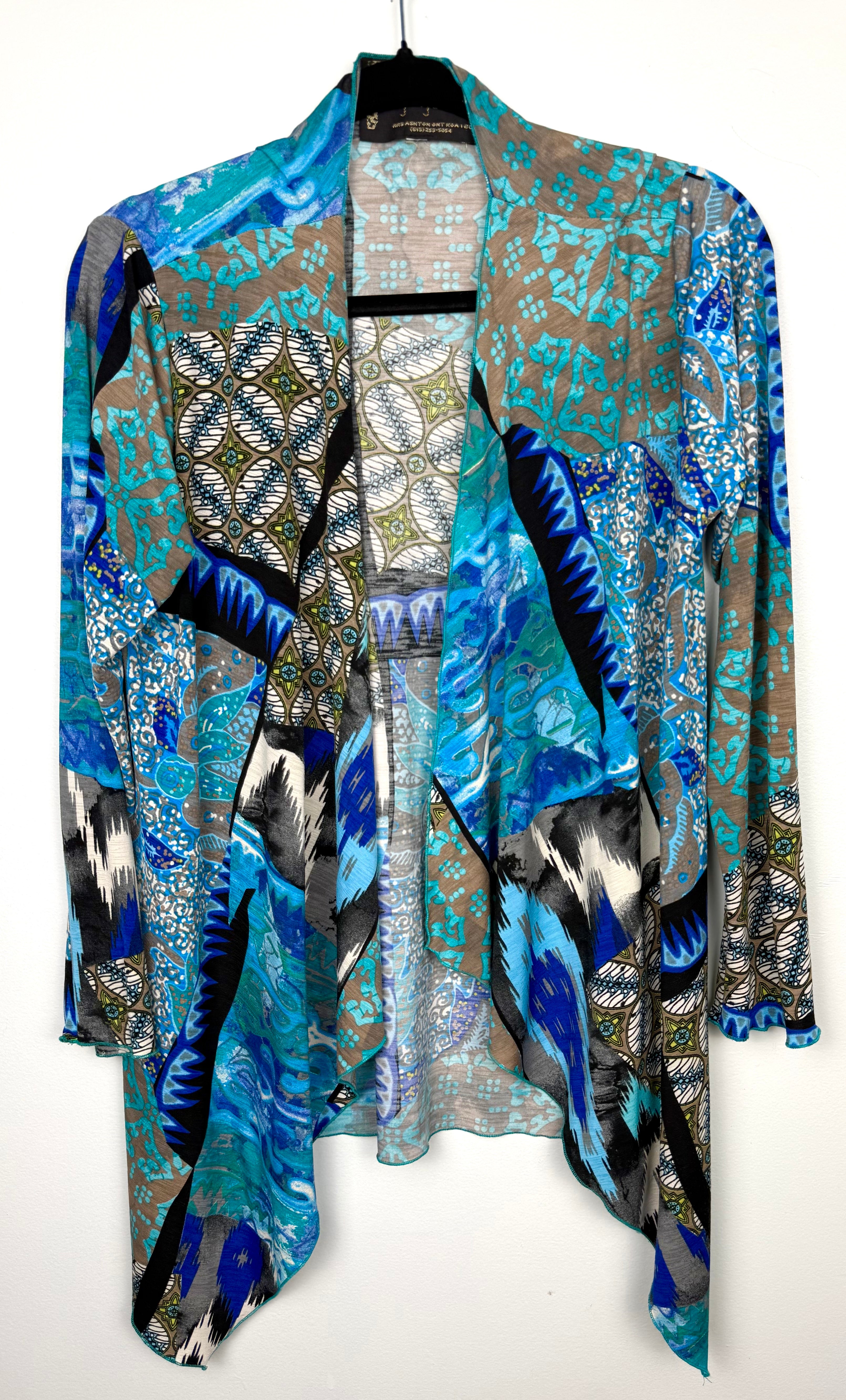 Judy Pannou Designs — Canadian Artisan Multi-Print Open Cardigan, Ashton ON  at Blue Sparrow Shop Canadian Resale Reimagined  on hanger