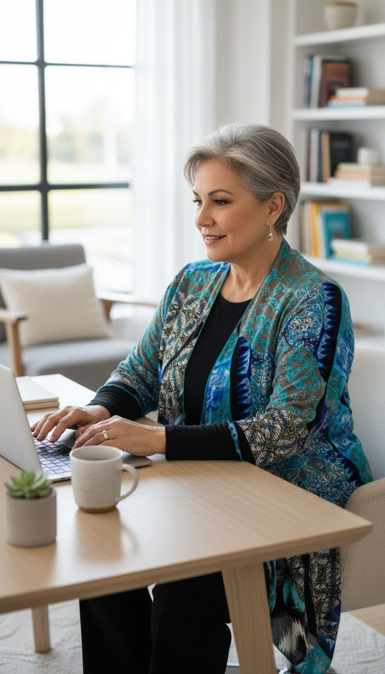 Judy Pannou Designs — Canadian Artisan Multi-Print Open Cardigan, Ashton ON  at Blue Sparrow Shop Canadian Resale Reimagined  on woman at computer