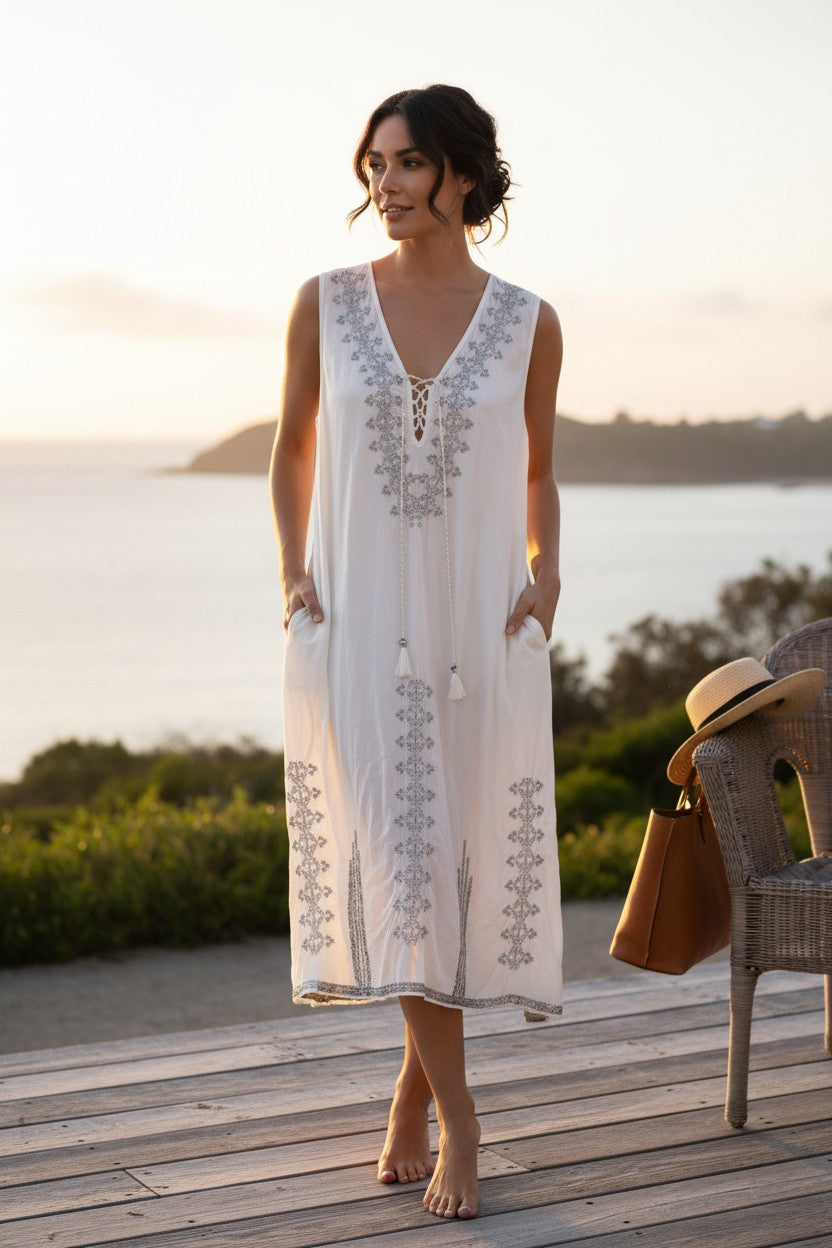 Kalypso7 Embroidered Boho Tunic Dress on woman at beach
