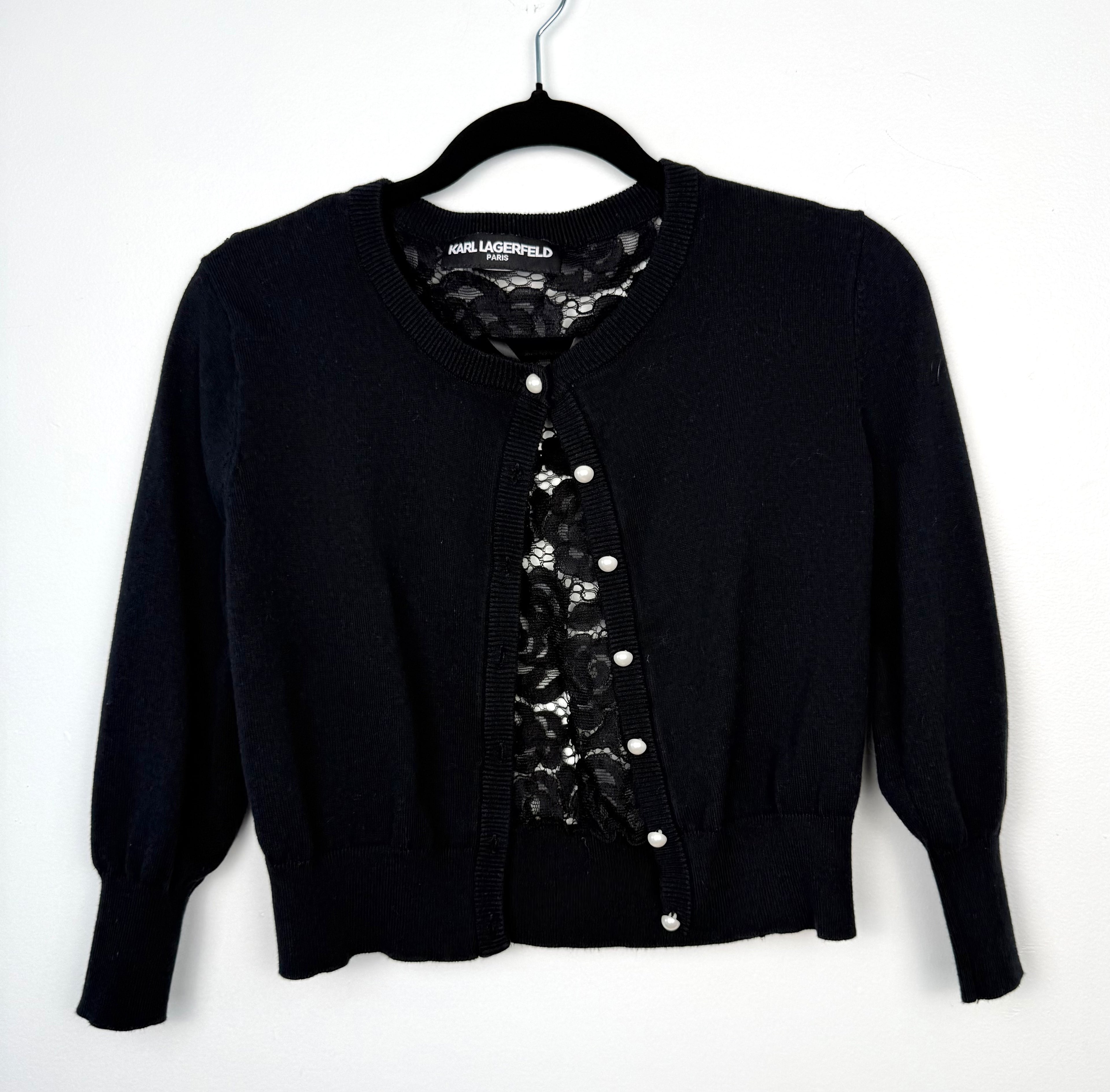 Karl Lagerfeld Paris black knit cardigan front view