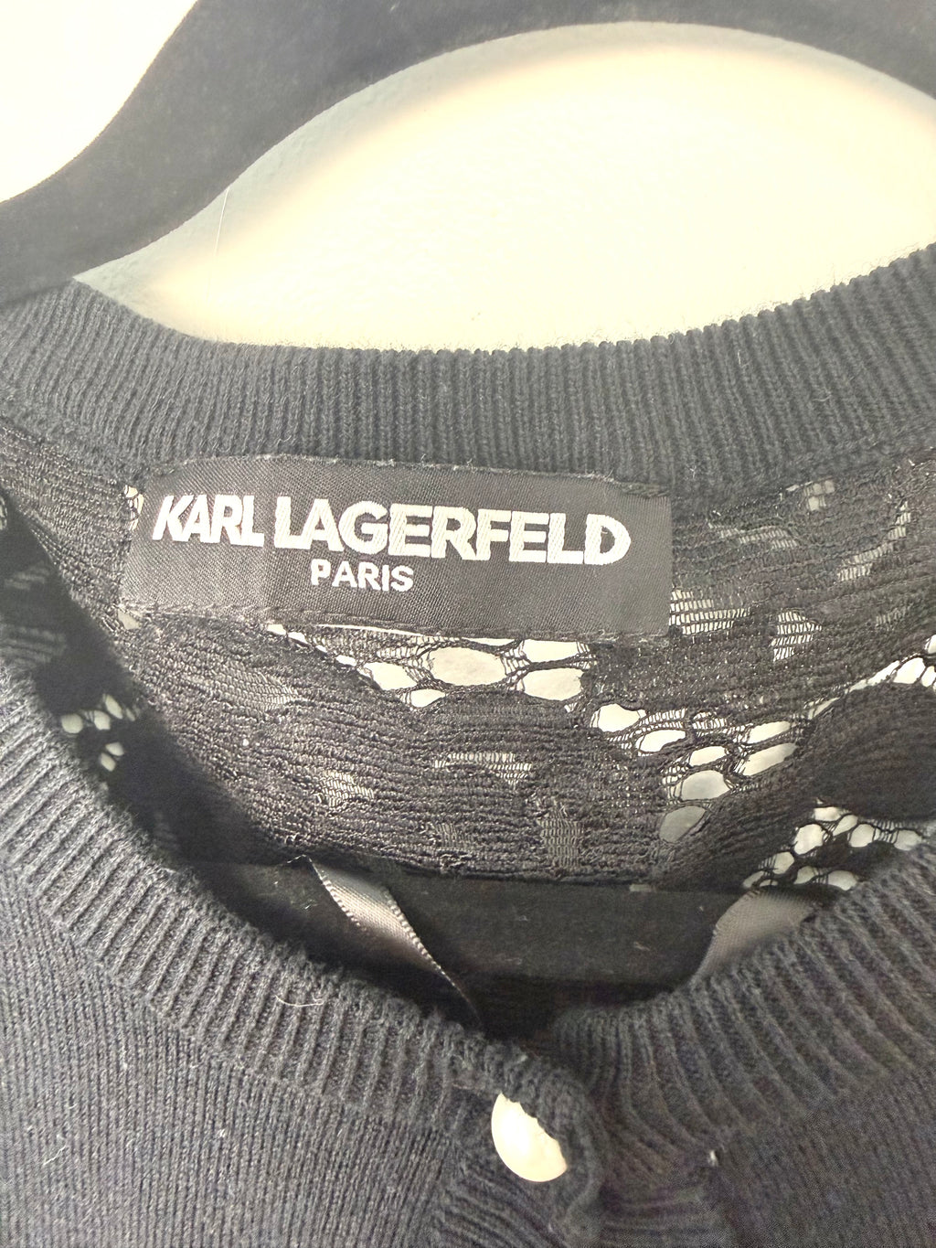 Karl Lagerfeld Paris black knit cardigan tag detail - compare at 399