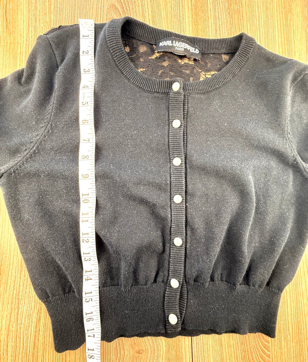 Karl Lagerfeld Paris cropped Black Cardigan measuring 17" shoulder to hem 