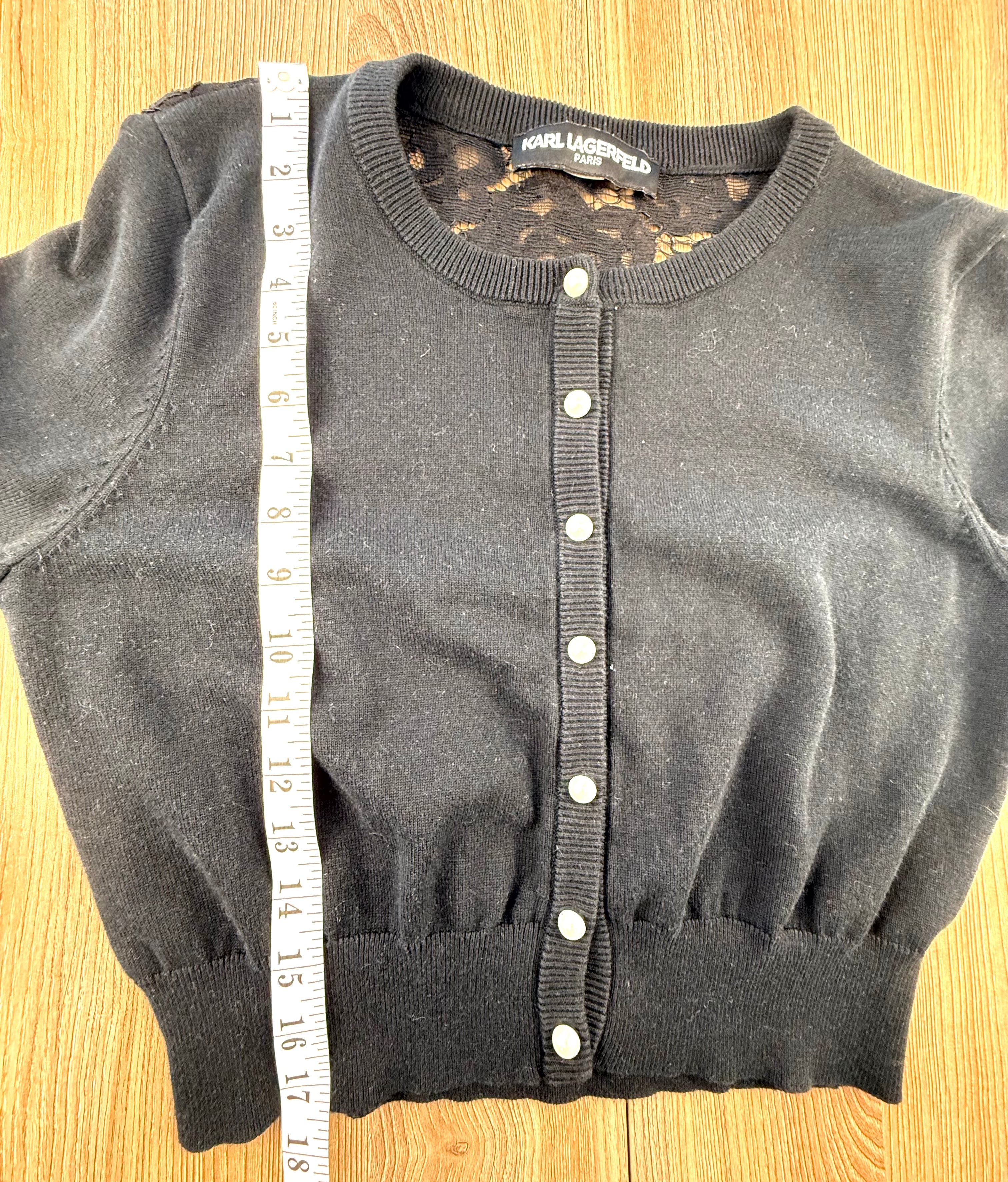 Karl Lagerfeld Paris cropped Black Cardigan measuring 17" shoulder to hem 