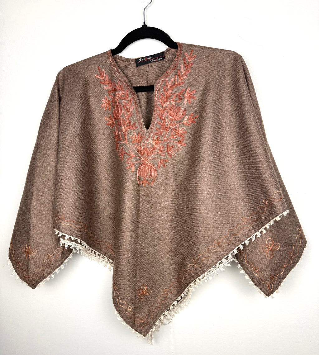 Kashmir Handloom Embroidered Poncho Boho Handloom Cape on hanger