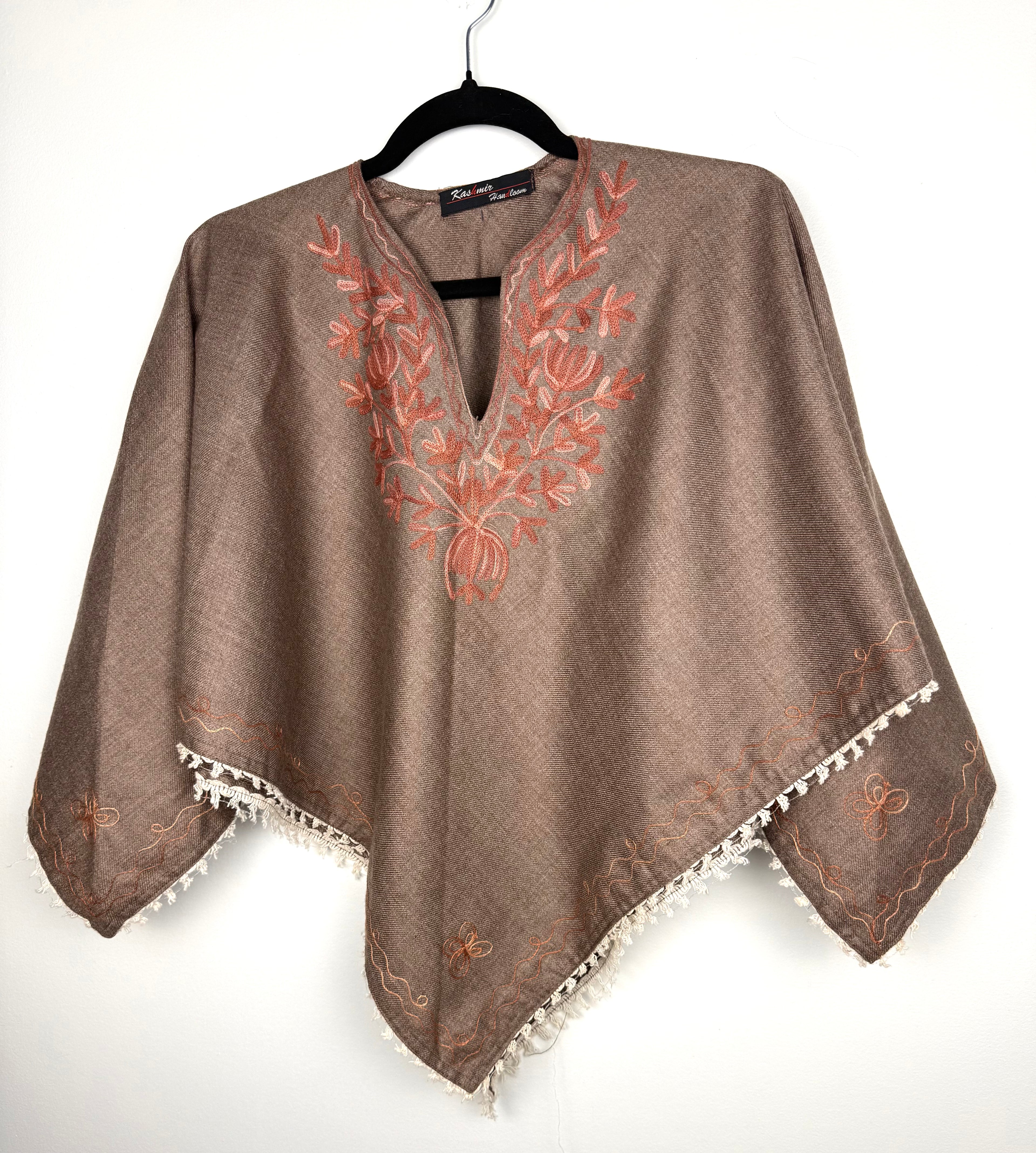 Kashmir Handloom Embroidered Poncho Boho Handloom Cape on hanger