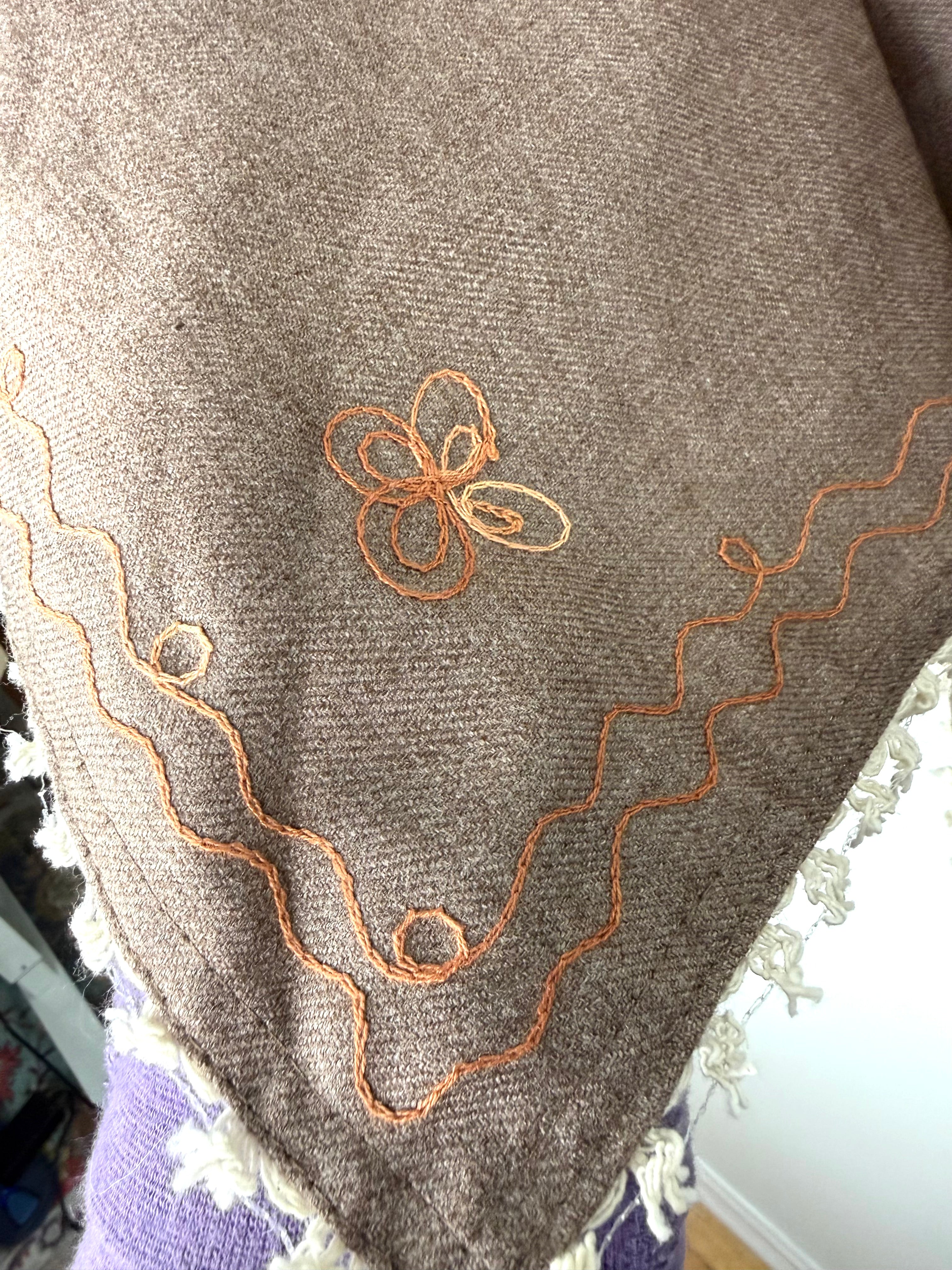 Kashmir Handloom Embroidered Poncho Boho Handloom Cape close up of embroidered detail 