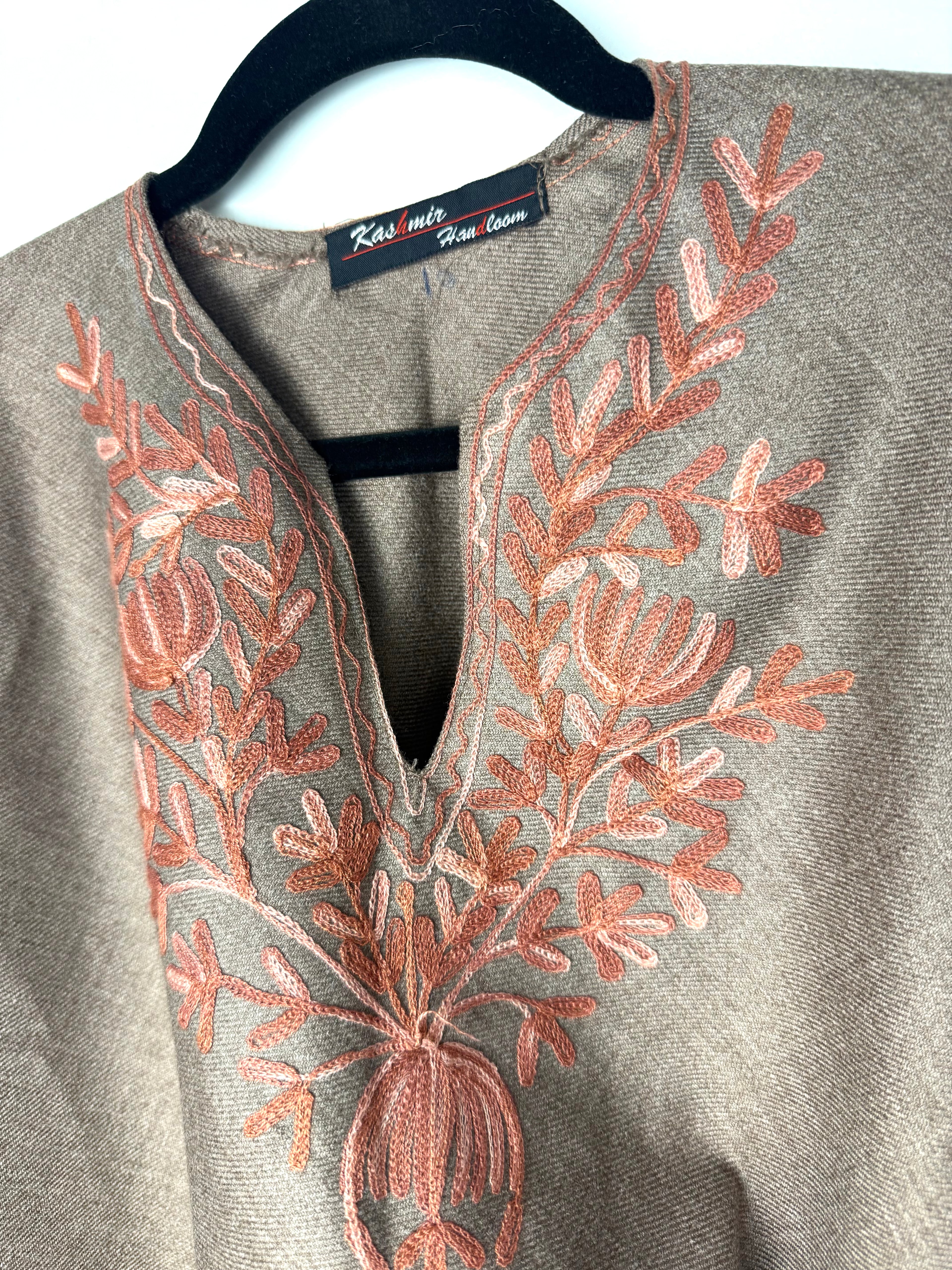 Kashmir Handloom Embroidered Poncho Boho Handloom Cape close up of embroidered detail  at neck