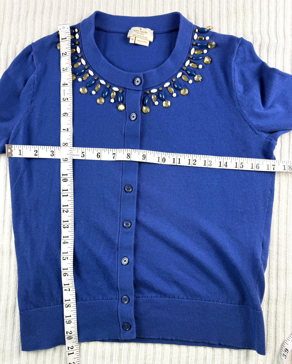 Kate Spade New York 100% Cotton Cardigan  at Blue Sparrow Shop measuring 34" bust and 20" shoulder to hem 