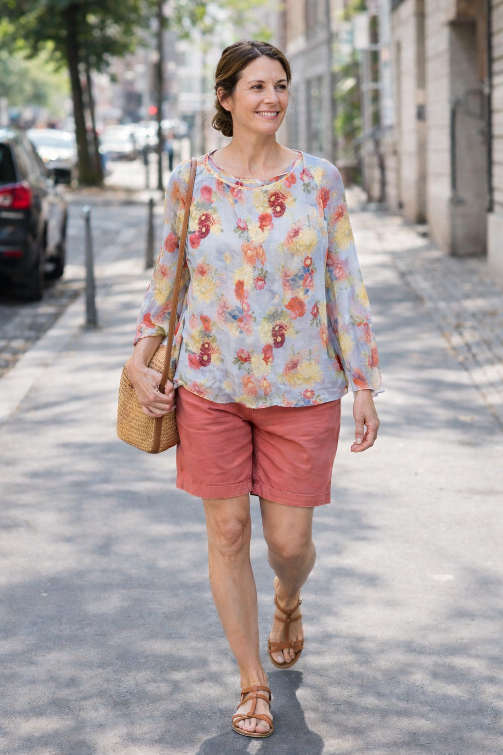 Kensie Floral Sheer Blouse | Size M at Blue Sparrow Shop on woman walking outside 