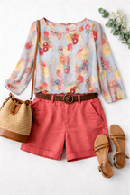 Kensie Floral Sheer Blouse | Size M at Blue Sparrow Shop flatlay with shorts, belt, bag, sandals