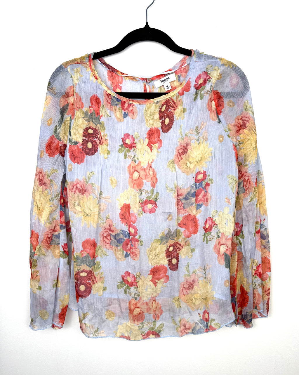 Kensie blue floral sheer blouse women’s long sleeve lightweight top front view