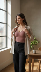 Knix Cami Shaper with Built-In Bra | Size S at Blue Sparrow Shop on woman wearing jacket over it 