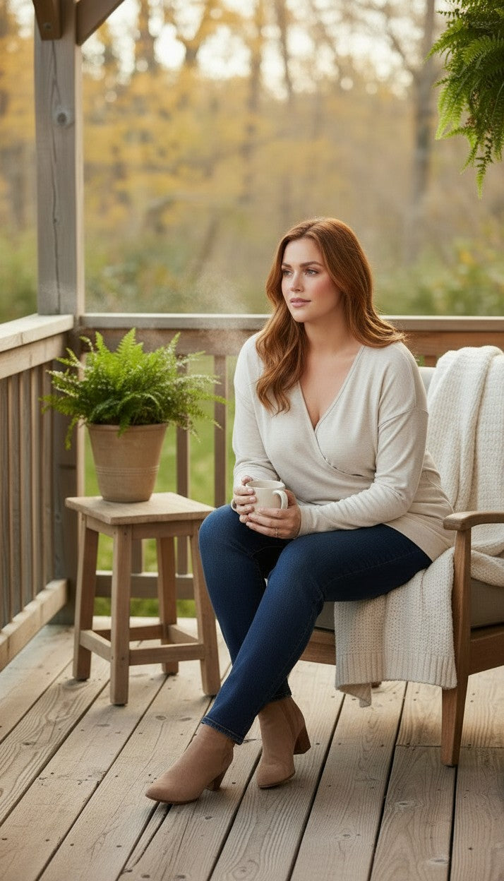 L.L.Bean Crossover Long Sleeve Tee | Size M at Blue Sparrow Shop on woman drinking coffee outside 