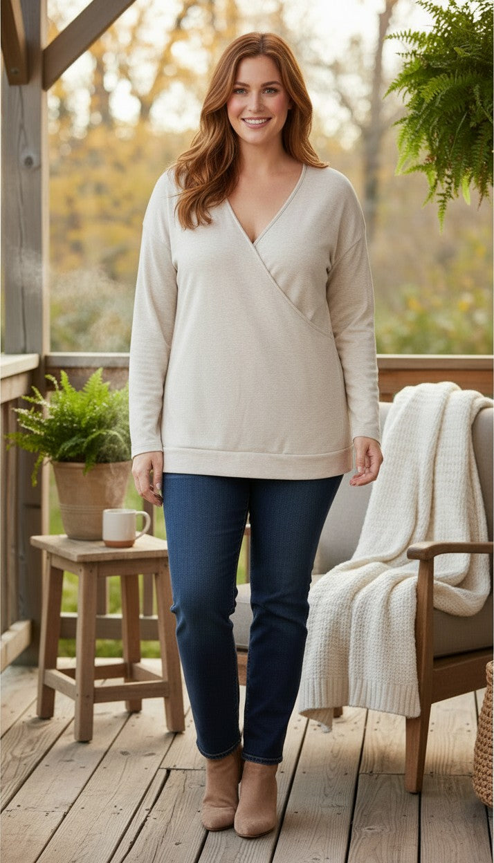 L.L.Bean Crossover Long Sleeve Tee | Size M at Blue Sparrow Shop on woman standing on deck