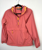 LL Bean anorak jacket in coral and orange on hanger