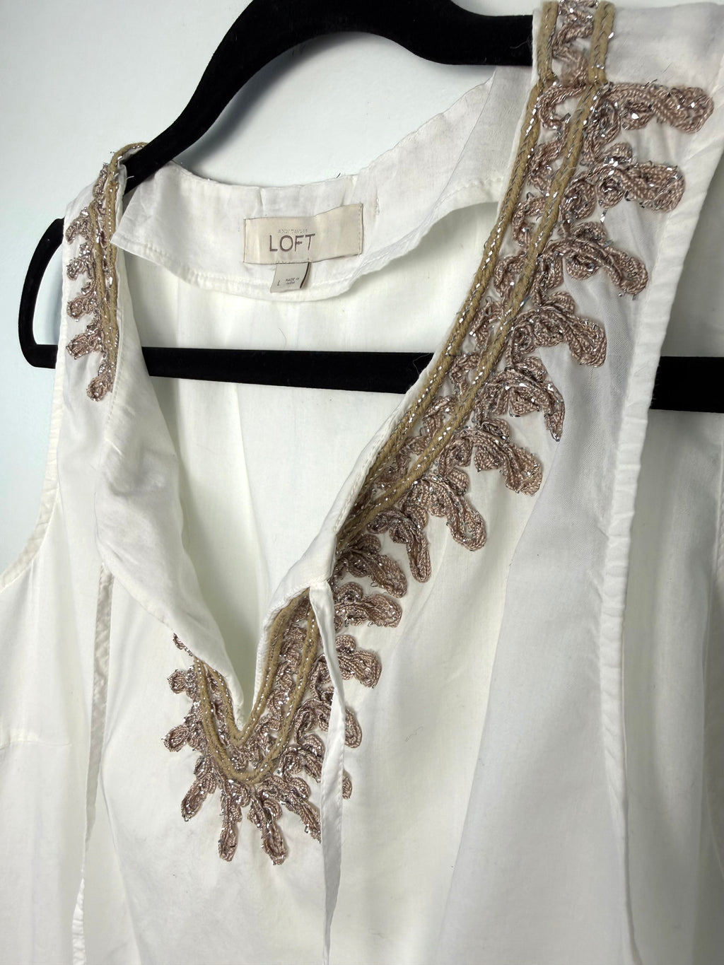 LOFT white embroidered sleeveless blouse women boho summer top front view