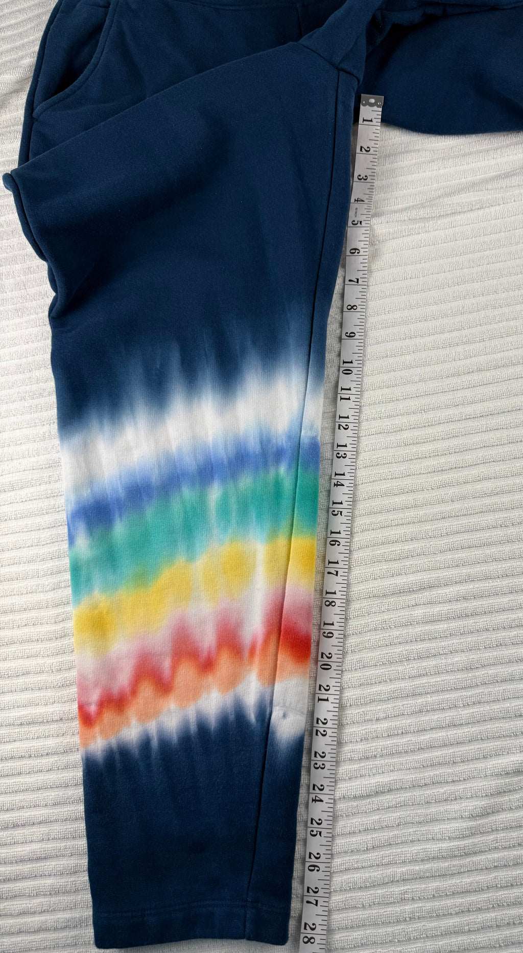  Lands' End Serious Sweats — Navy Rainbow Tie-Dye Joggers, Size M  at Blue Sparrow Shop  measuring 28" inseam 