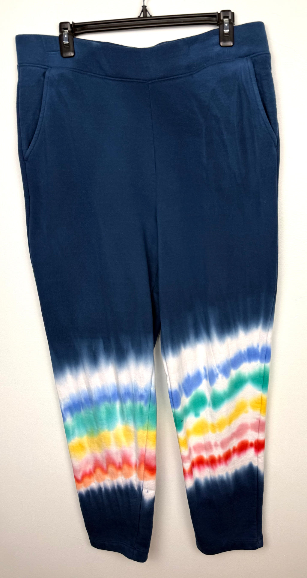 Lands' End Serious Sweats — Navy Rainbow Tie-Dye Joggers, Size M  at Blue Sparrow Shop on hanger