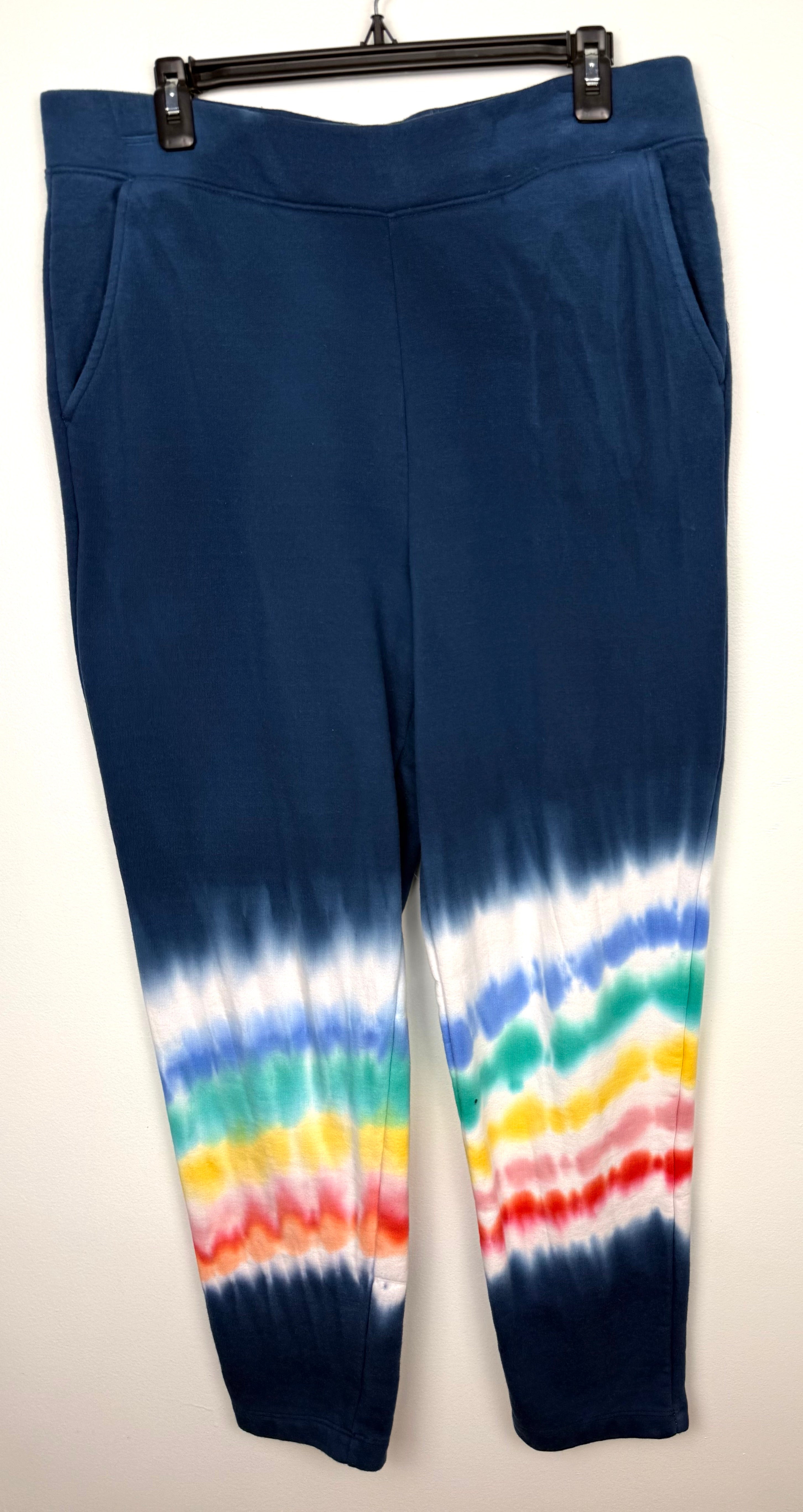 Lands' End Serious Sweats — Navy Rainbow Tie-Dye Joggers, Size M  at Blue Sparrow Shop on hanger