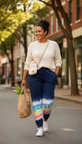 Lands' End Serious Sweats — Navy Rainbow Tie-Dye Joggers, Size M  at Blue Sparrow Shop on woman running errands 