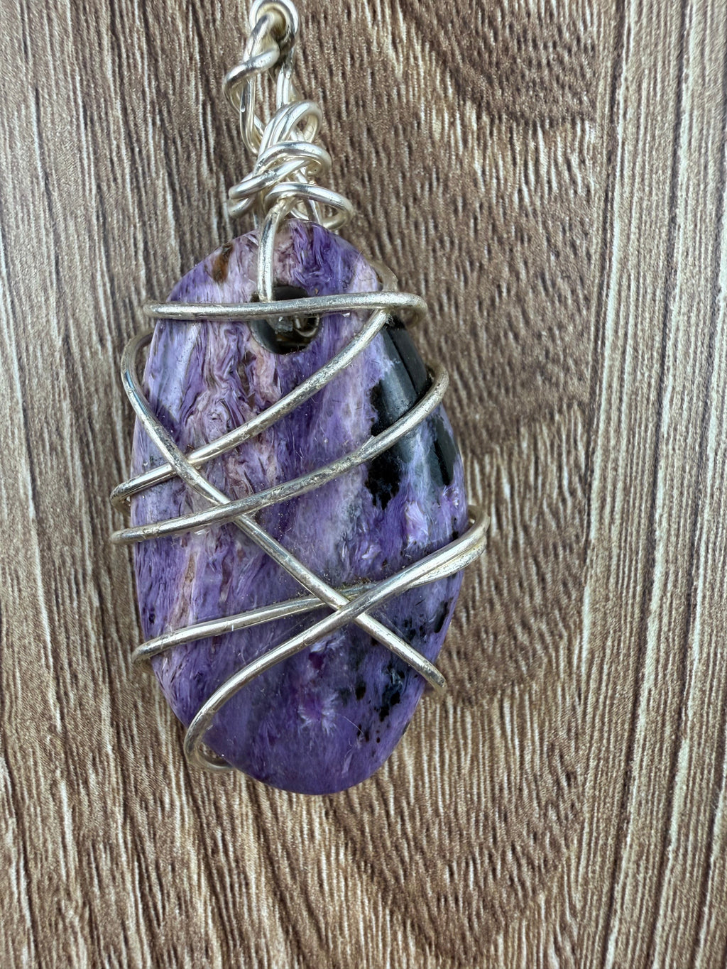 Large Genuine Charoite stone pendant wire wrapped 