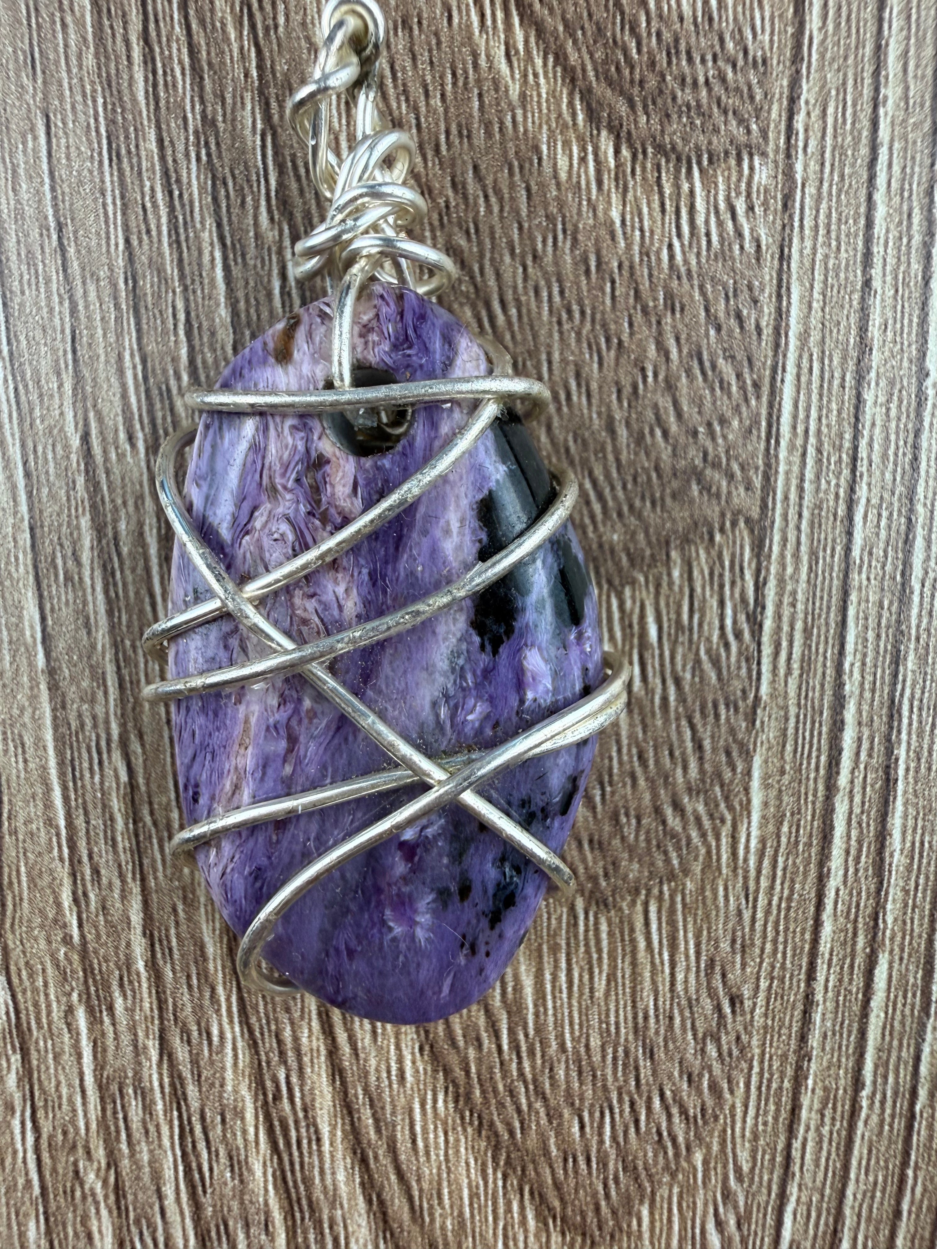 Large Genuine Charoite stone pendant wire wrapped 