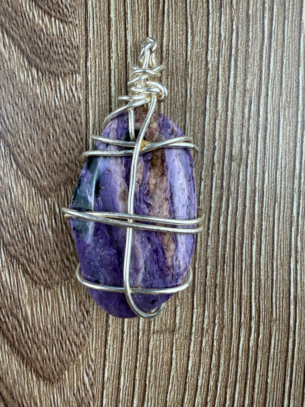 Large Genuine Charoite stone pendant wire wrapped  other side 
