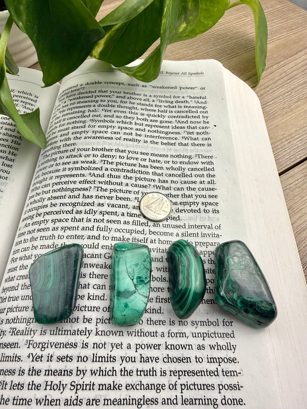 Four green  malachite stones on an open book with a plant in the background