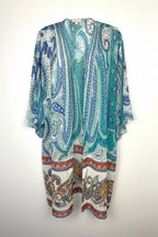Laura Paisley Kimono Cardigan | Blue Turquoise Boho Cover Up | Medium at Blue Sparrow Shop  on white background