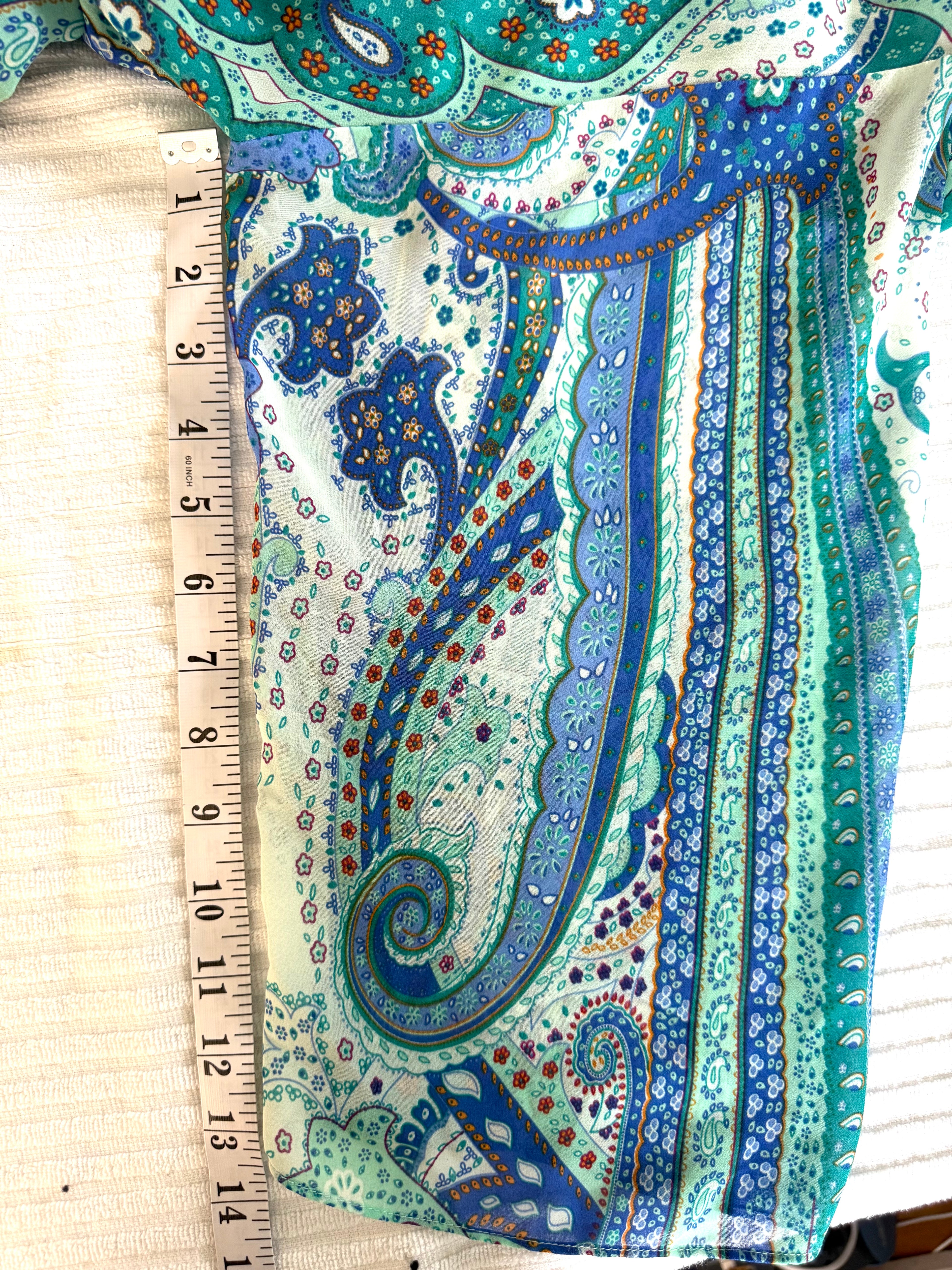 Laura Paisley Kimono Cardigan | Blue Turquoise Boho Cover Up | Medium at Blue Sparrow Shop measuring 14" sleeve 