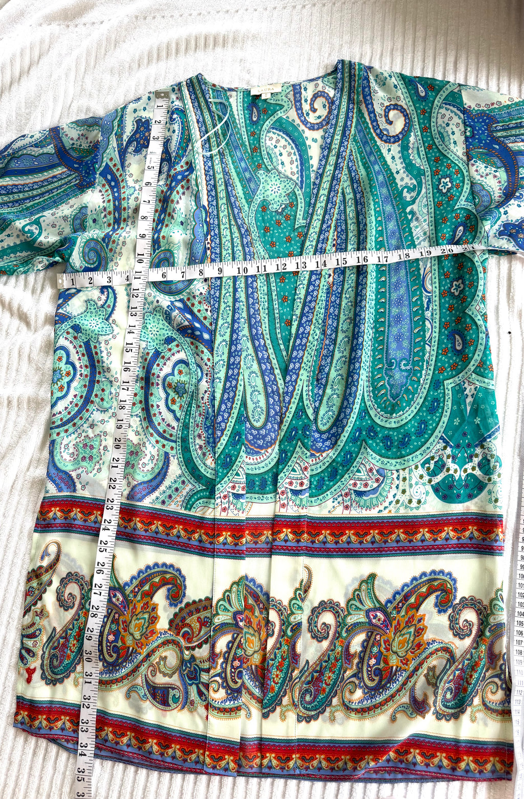  Laura Paisley Kimono Cardigan | Blue Turquoise Boho Cover Up | Medium at Blue Sparrow Shop measuring 42" bust and 34" shoulder to hem
