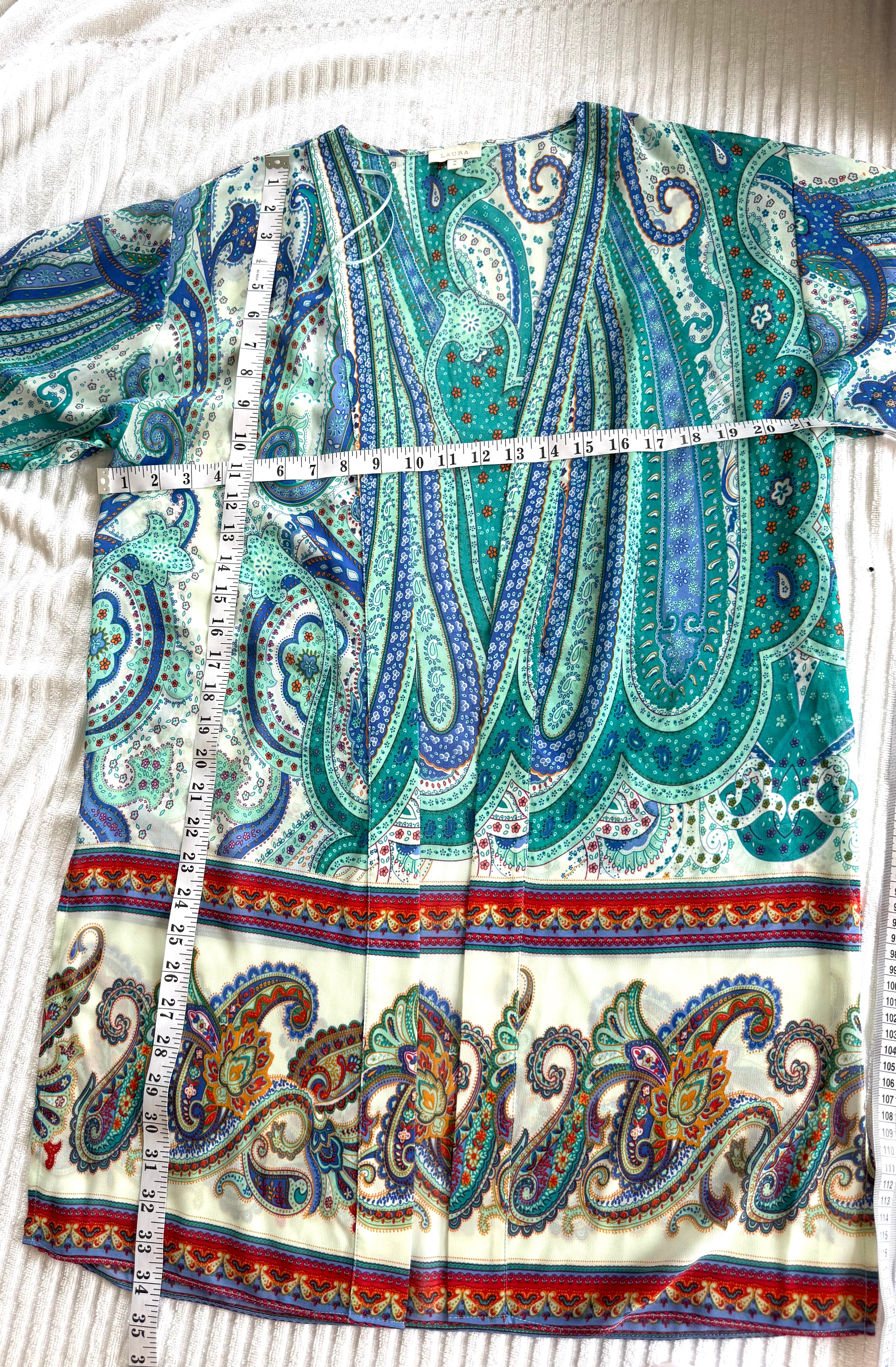  Laura Paisley Kimono Cardigan | Blue Turquoise Boho Cover Up | Medium at Blue Sparrow Shop measuring 42" bust and 34" shoulder to hem