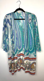 Laura Paisley Kimono Cardigan | Blue Turquoise Boho Cover Up | Medium on hanger at Blue Sparrow Shop 