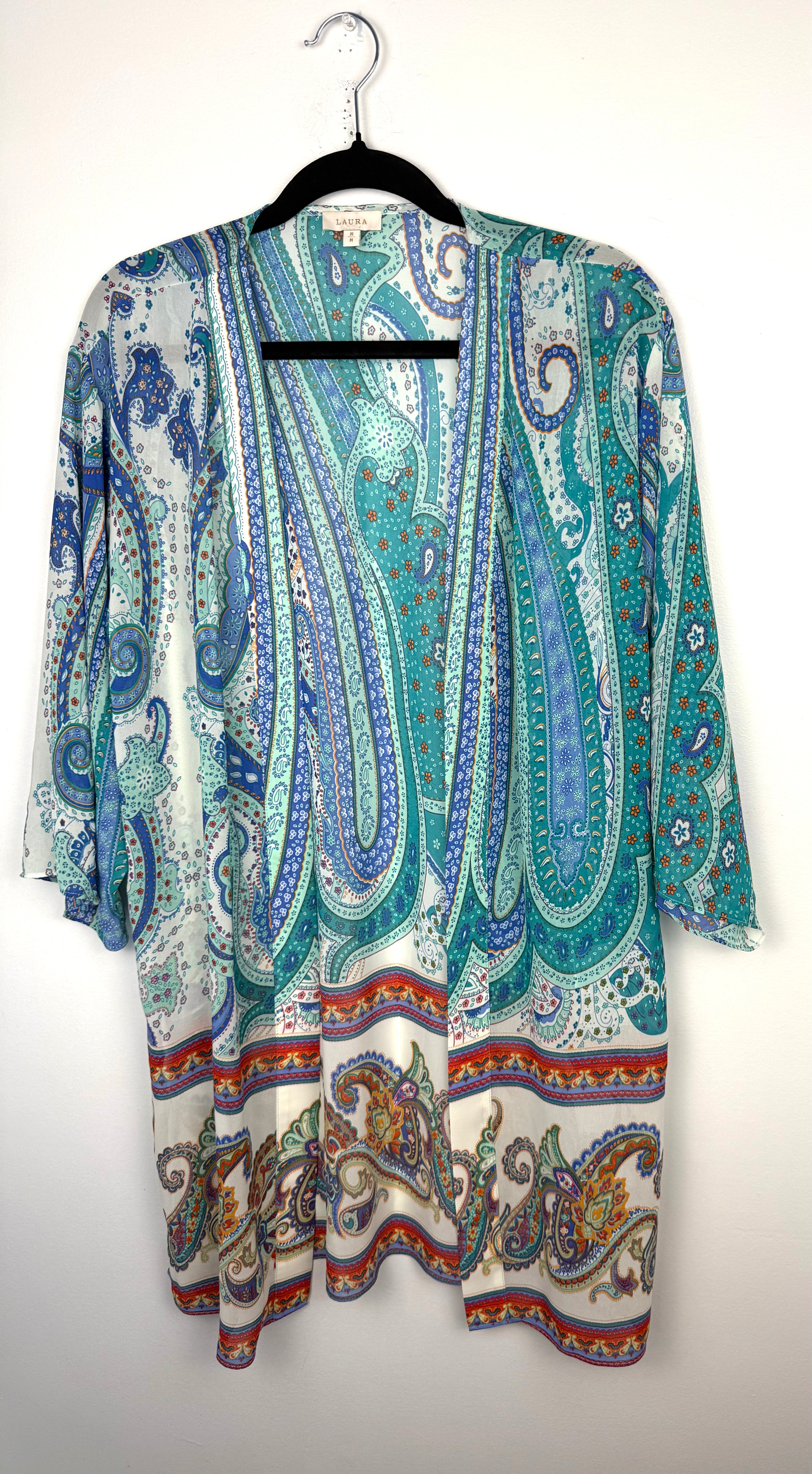 Laura Paisley Kimono Cardigan | Blue Turquoise Boho Cover Up | Medium on hanger at Blue Sparrow Shop 
