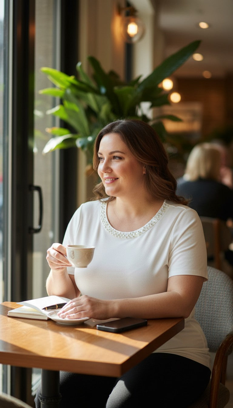 Laura_Petites_Pearl_Neckline_Top_at Blue Sparrow Shop on woman in cafe