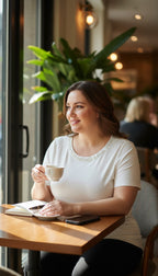 Laura_Petites_Pearl_Neckline_Top_at Blue Sparrow Shop on woman in cafe