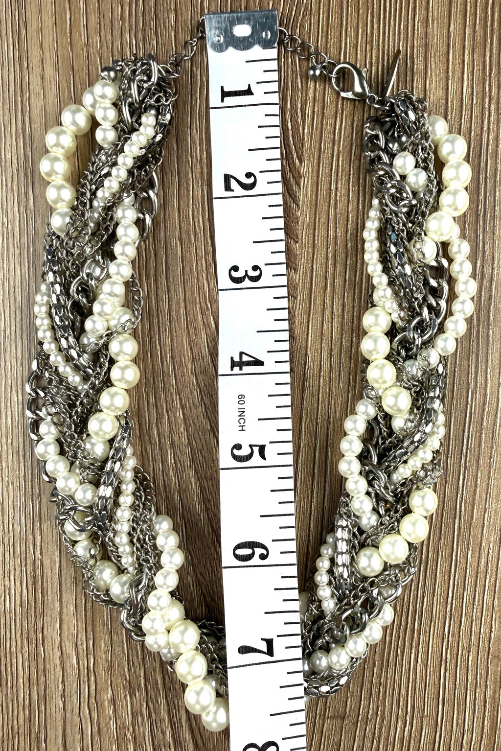 Layered Pearl and Chain Statement Necklace measuring approx 14" 