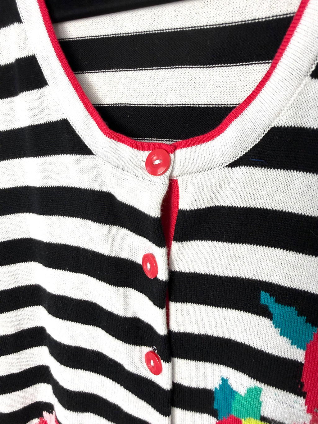 Le Grenier NWT bold graphic knit cardigan with red button detail and sequinned flowers